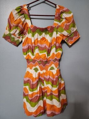 Elizabeth James The Label Women’s Orange Multi-Color Smocked Waist Romper NWT